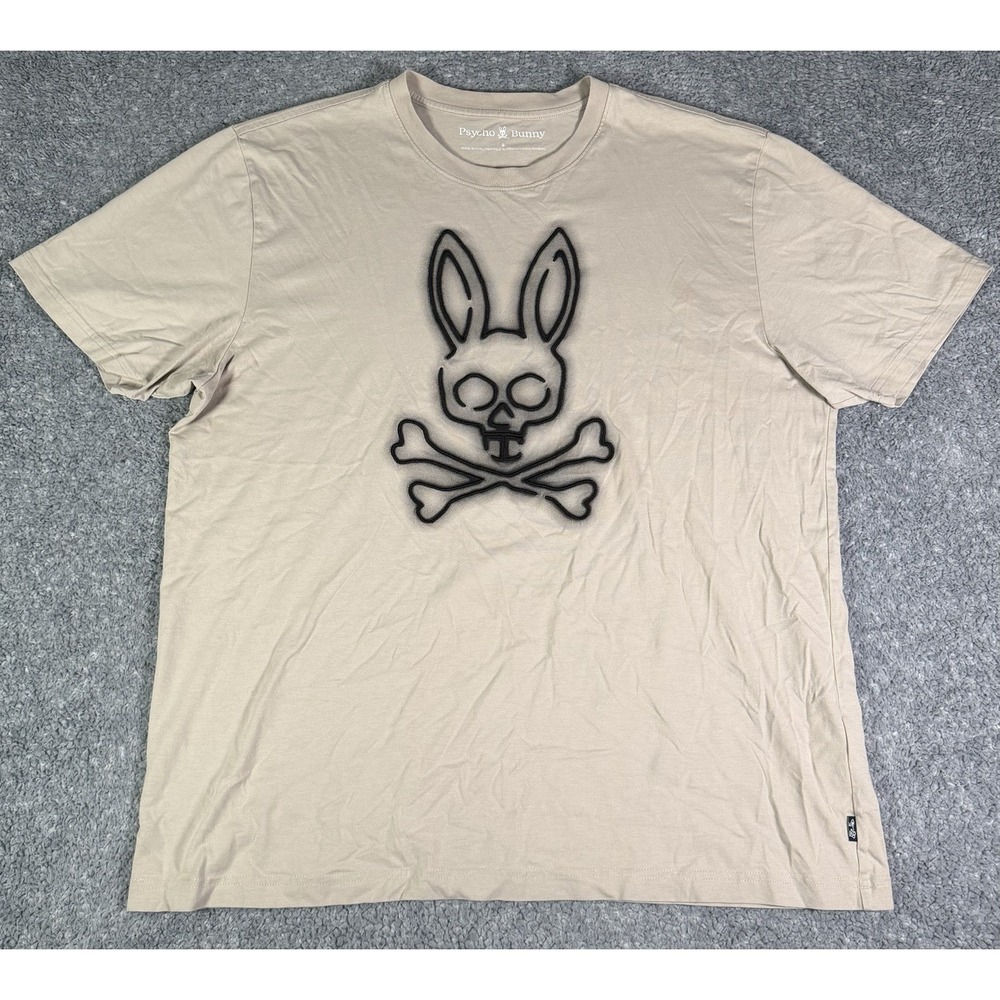 Psycho Bunny Men's 2XL 8 Beige Graphic Skull & Bones Rabbit Pima Cotton T-Shirt